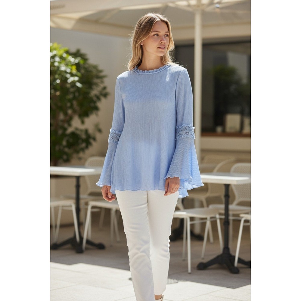 Kobi Halperin Blue Lace Trim Crinkle Bell Sleeve Blouse Top Small NEW